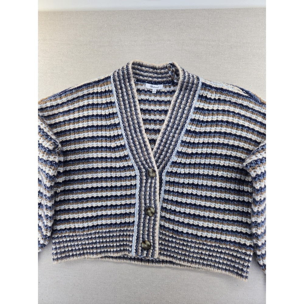Madewell Women's Waller Crop Cardigan Sweater Striped Heather Cloudburst Large - Picture 2 of 9